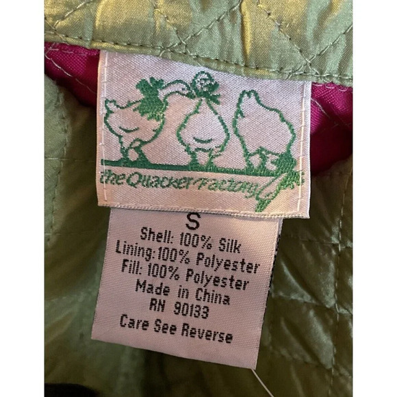 Quacker Factory Small Green Pink Quilted 100% Silk Jacket Coat Full Zip NEW - Picture 7 of 8